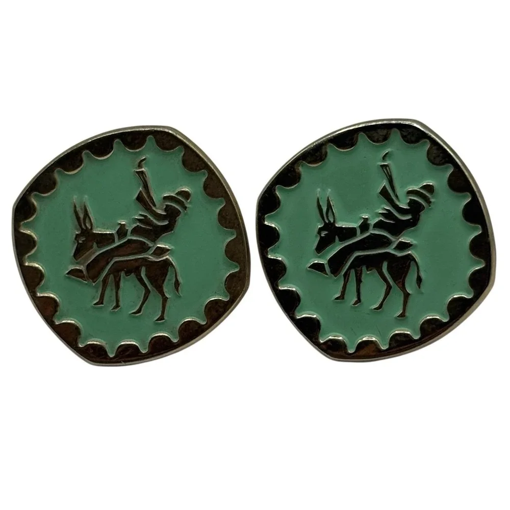 Western Man on Donkey Jackass Bullet Back Cufflinks Teal Green Gold Tone Vintage